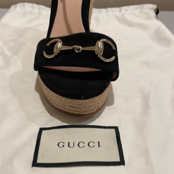Gucci Horsebit suede espadrilles wedge size 37.5, 4.75in height, 1.25in platform